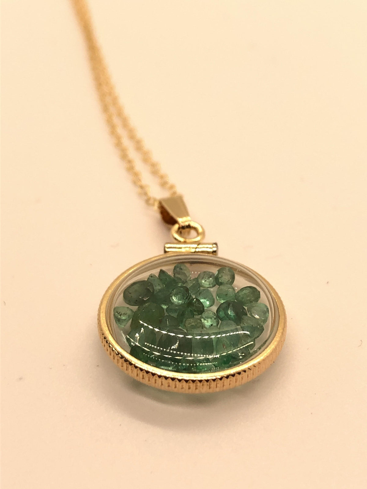 Handmade dime-size emerald shaker locket 14k gold-filled lucite view locket, necklace, beautiful may birthstone.