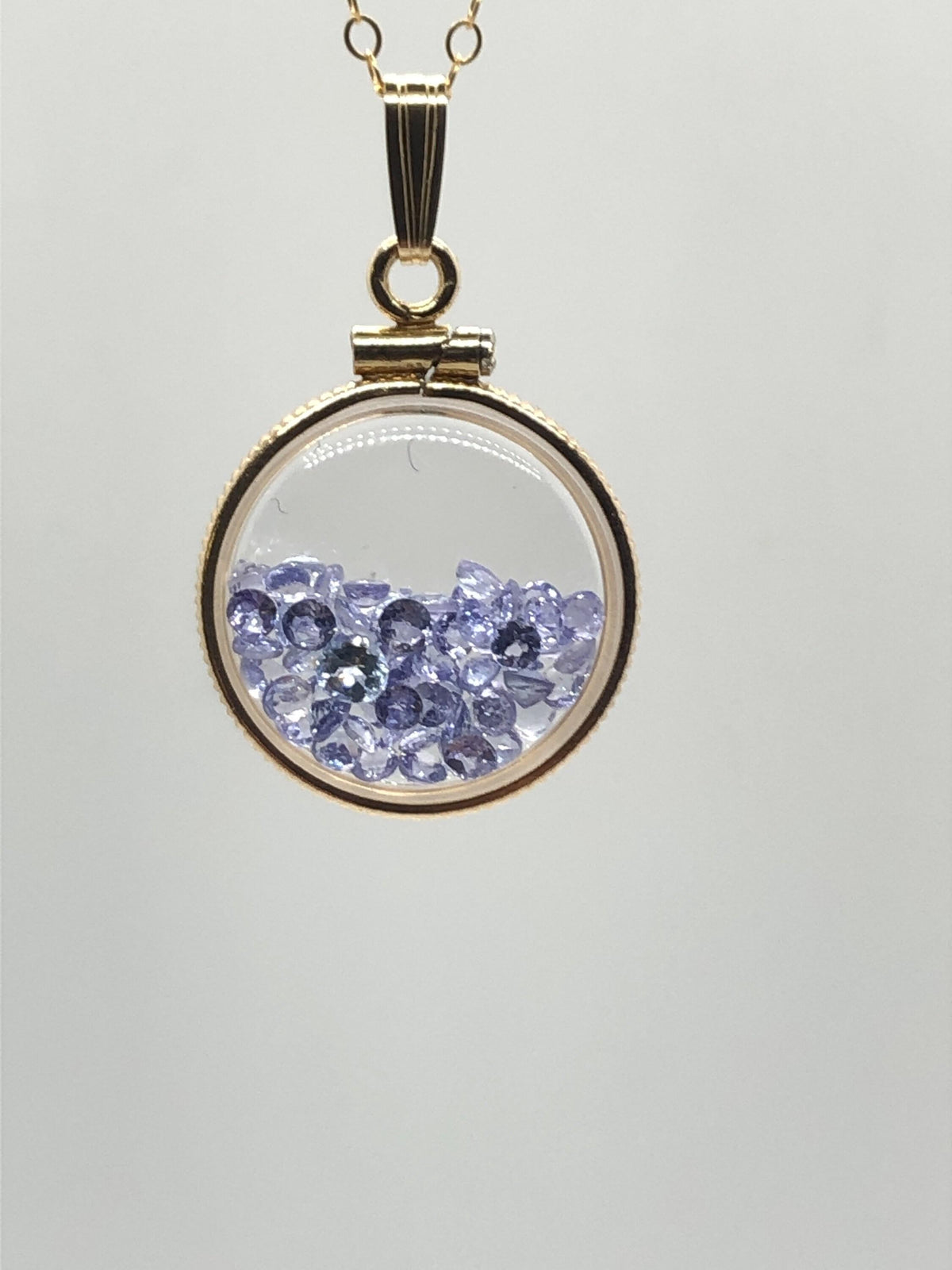 Handmade dime size tanzanite shaker locket 14k gf with beautiful december birthstone, you can custom create a locket ask me!