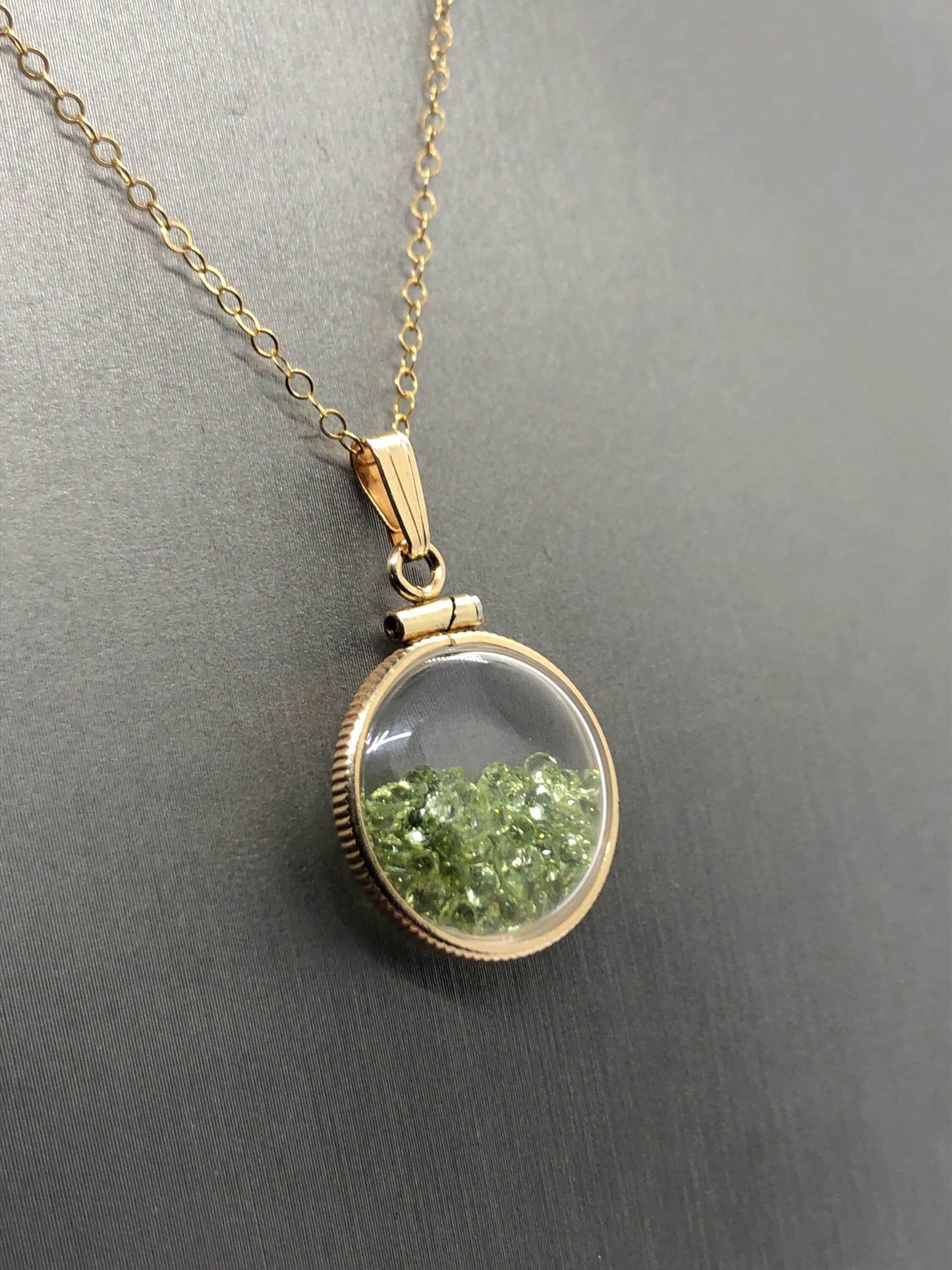 Handmade  dime size peridot shaker locket 14k gold filled beautiful august birthstone, 2.5 tcw