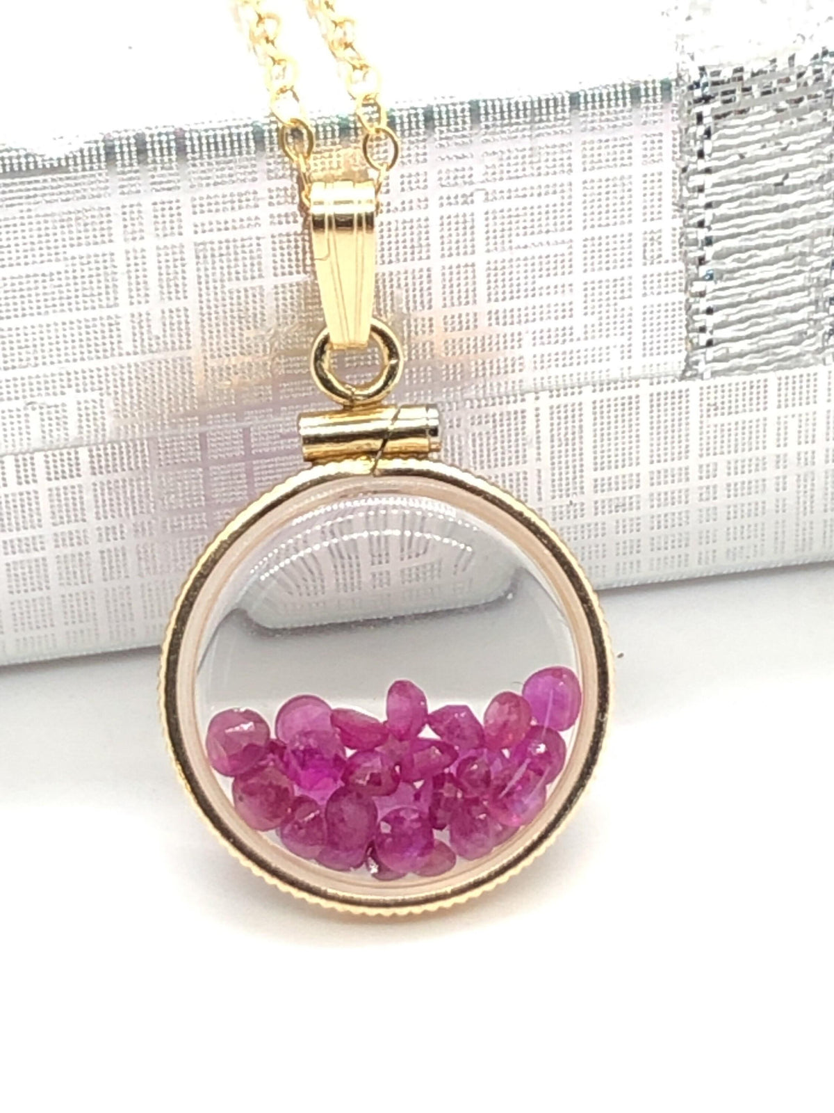 Handmade dime sized ruby shaker locket 14k gold filled with beautiful july birthstone, 2.5 tcw