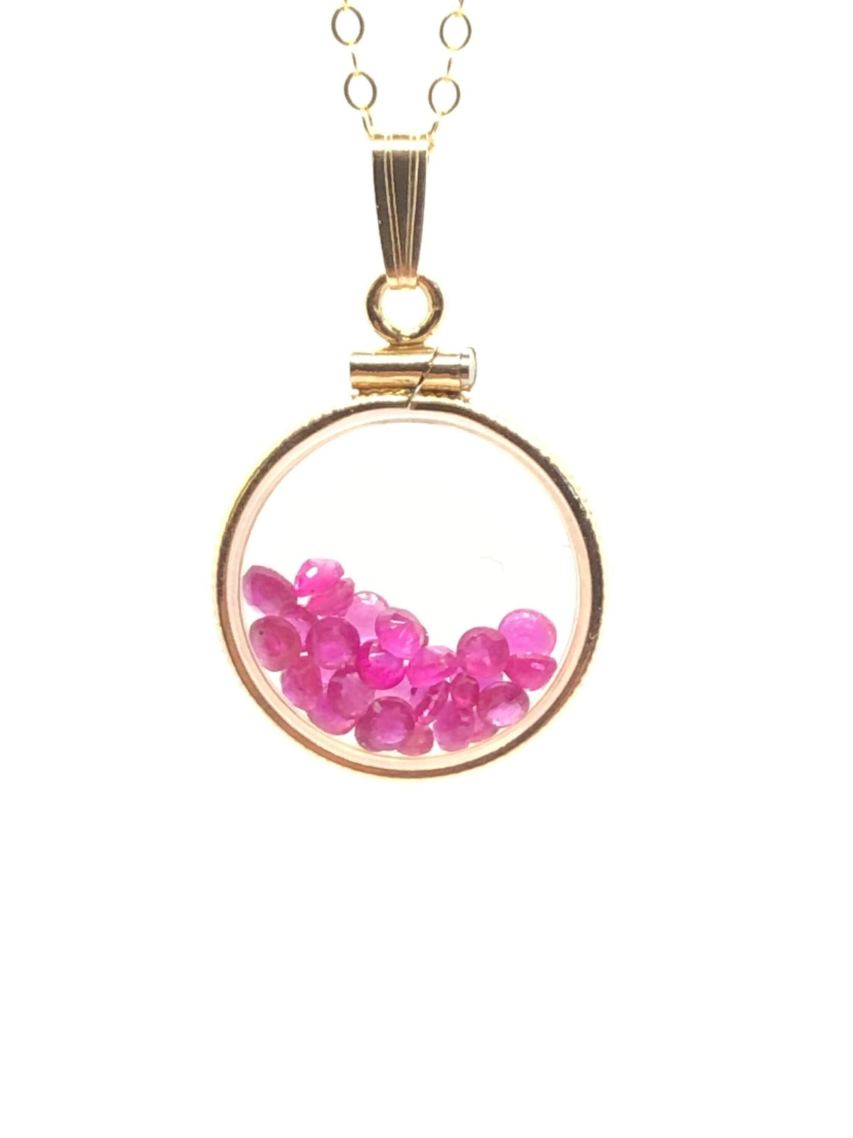 Handmade dime sized ruby shaker locket 14k gold filled with beautiful july birthstone, 2.5 tcw