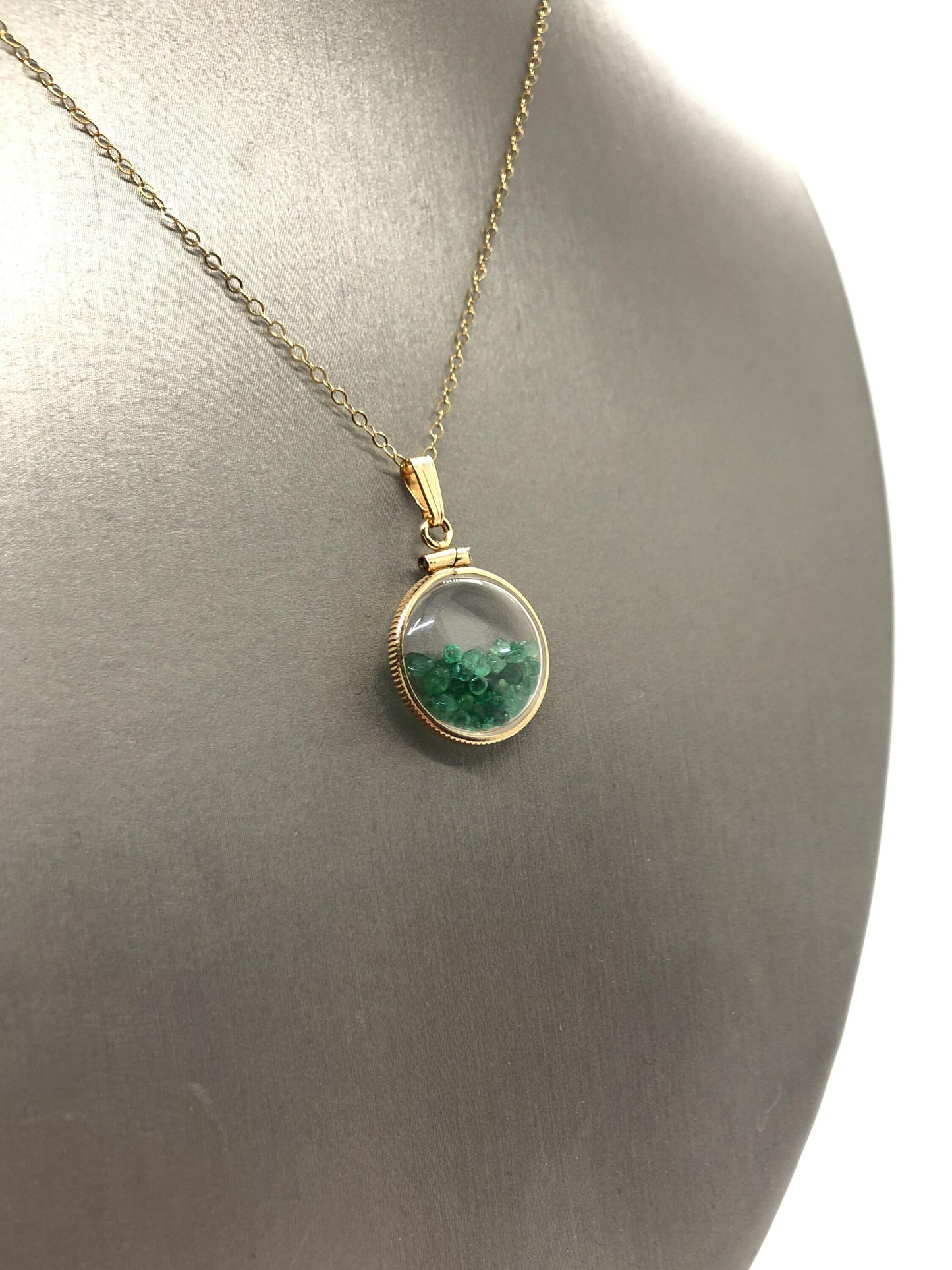 Handmade dime-size emerald shaker locket 14k gold-filled lucite view locket, necklace, beautiful may birthstone.