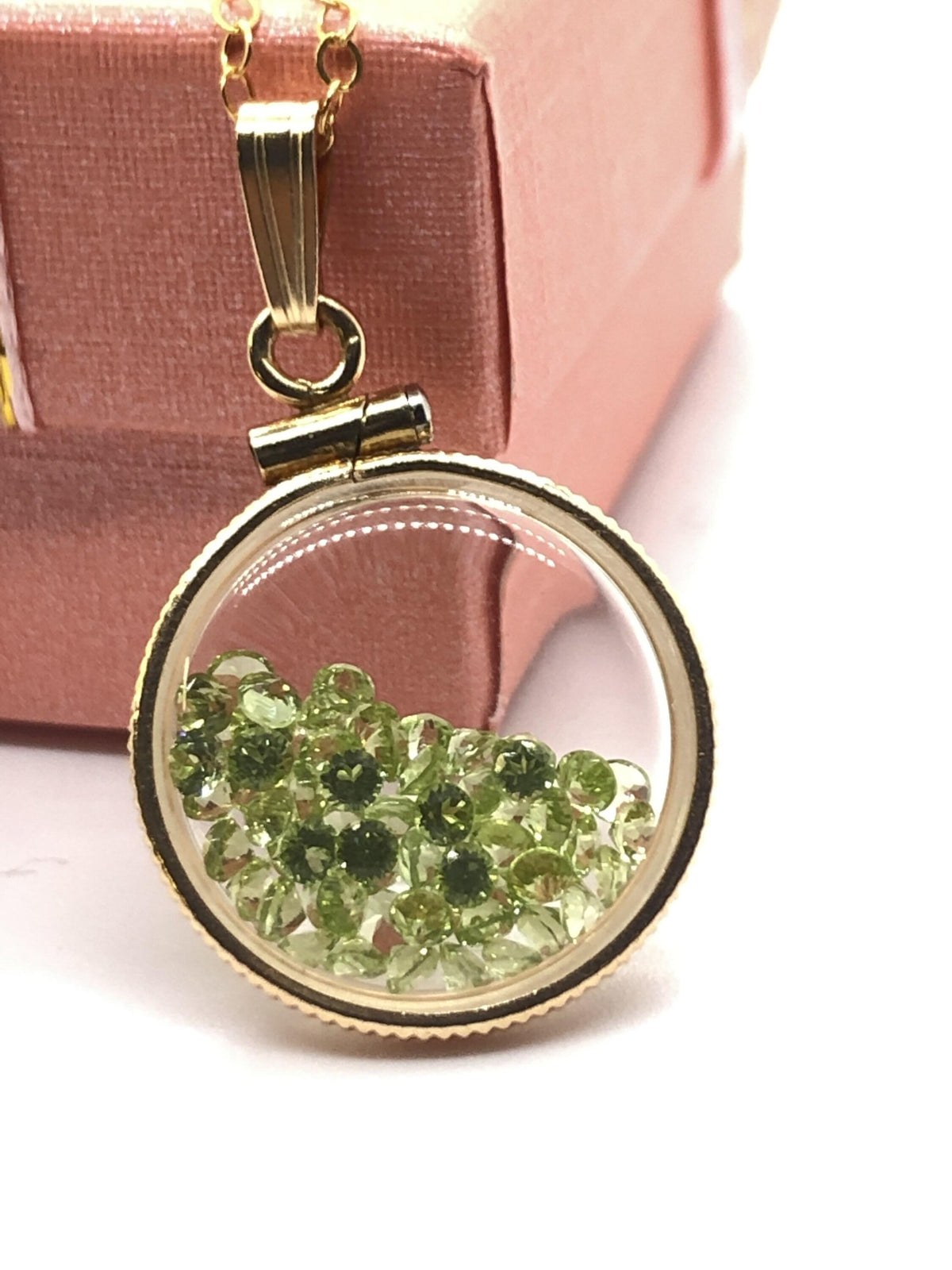 Handmade  dime size peridot shaker locket 14k gold filled beautiful august birthstone, 2.5 tcw