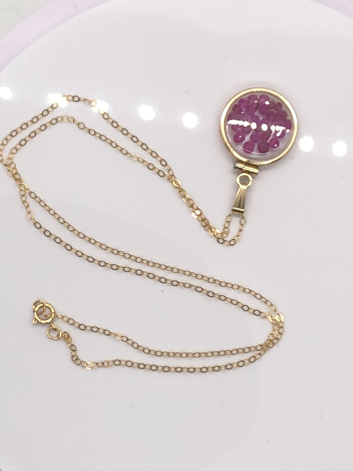 Handmade dime sized ruby shaker locket 14k gold filled with beautiful july birthstone, 2.5 tcw