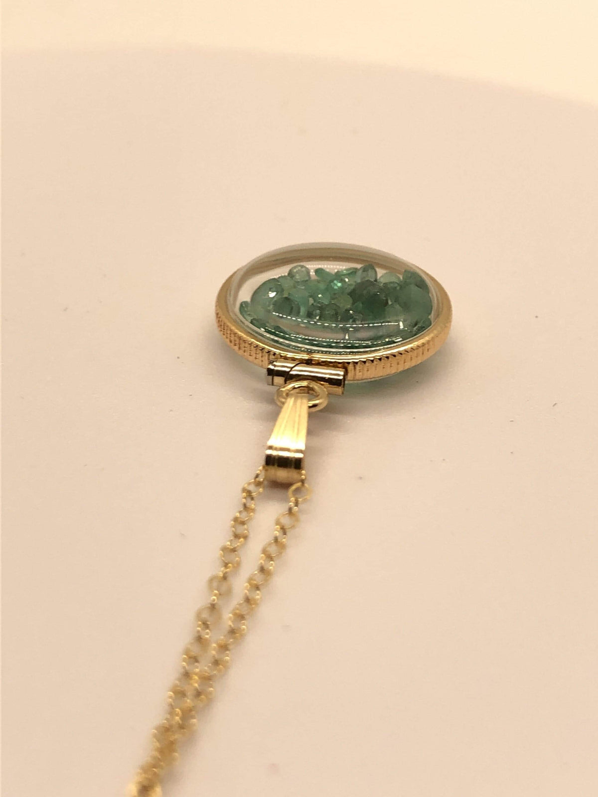 Handmade dime-size emerald shaker locket 14k gold-filled lucite view locket, necklace, beautiful may birthstone.