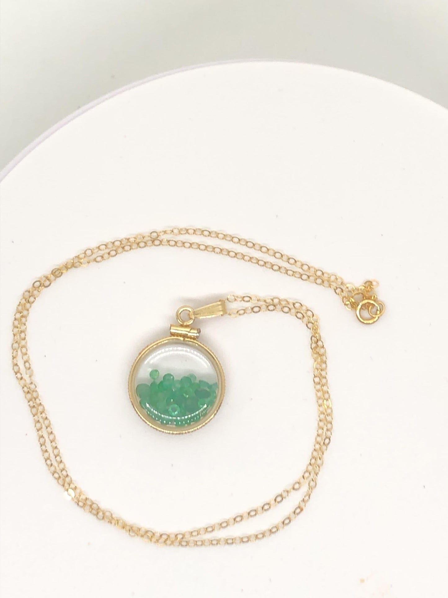 Handmade dime-size emerald shaker locket 14k gold-filled lucite view locket, necklace, beautiful may birthstone.