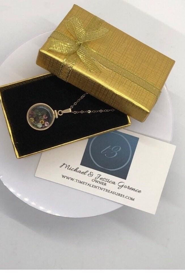 Handmade dime-size emerald shaker locket 14k gold-filled lucite view locket, necklace, beautiful may birthstone.