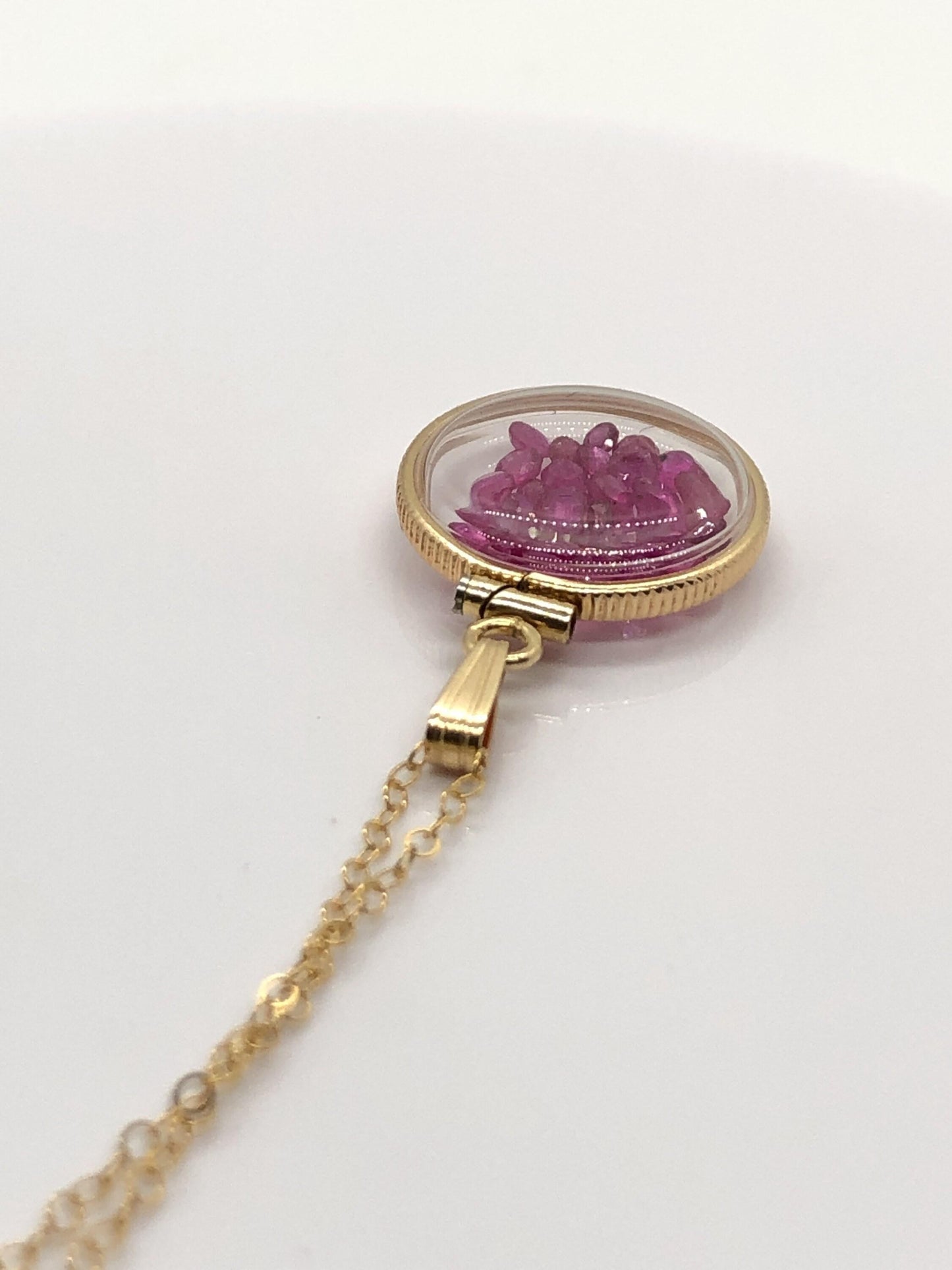 Handmade dime sized ruby shaker locket 14k gold filled with beautiful july birthstone, 2.5 tcw