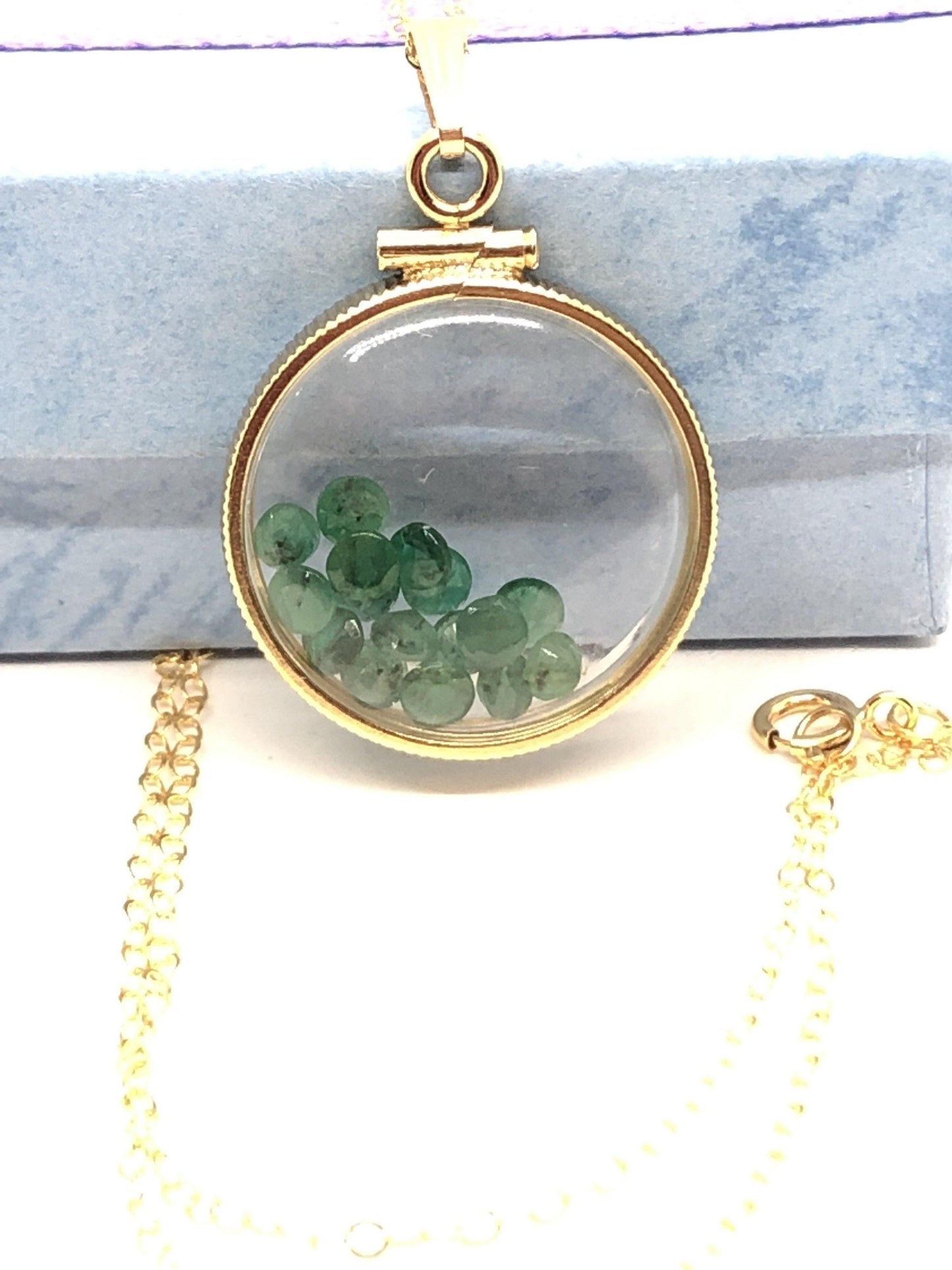 Vintage emerald shaker locket 12k gold filled with beautiful may birthstone, new old stock, customer can custom create for mother’s day