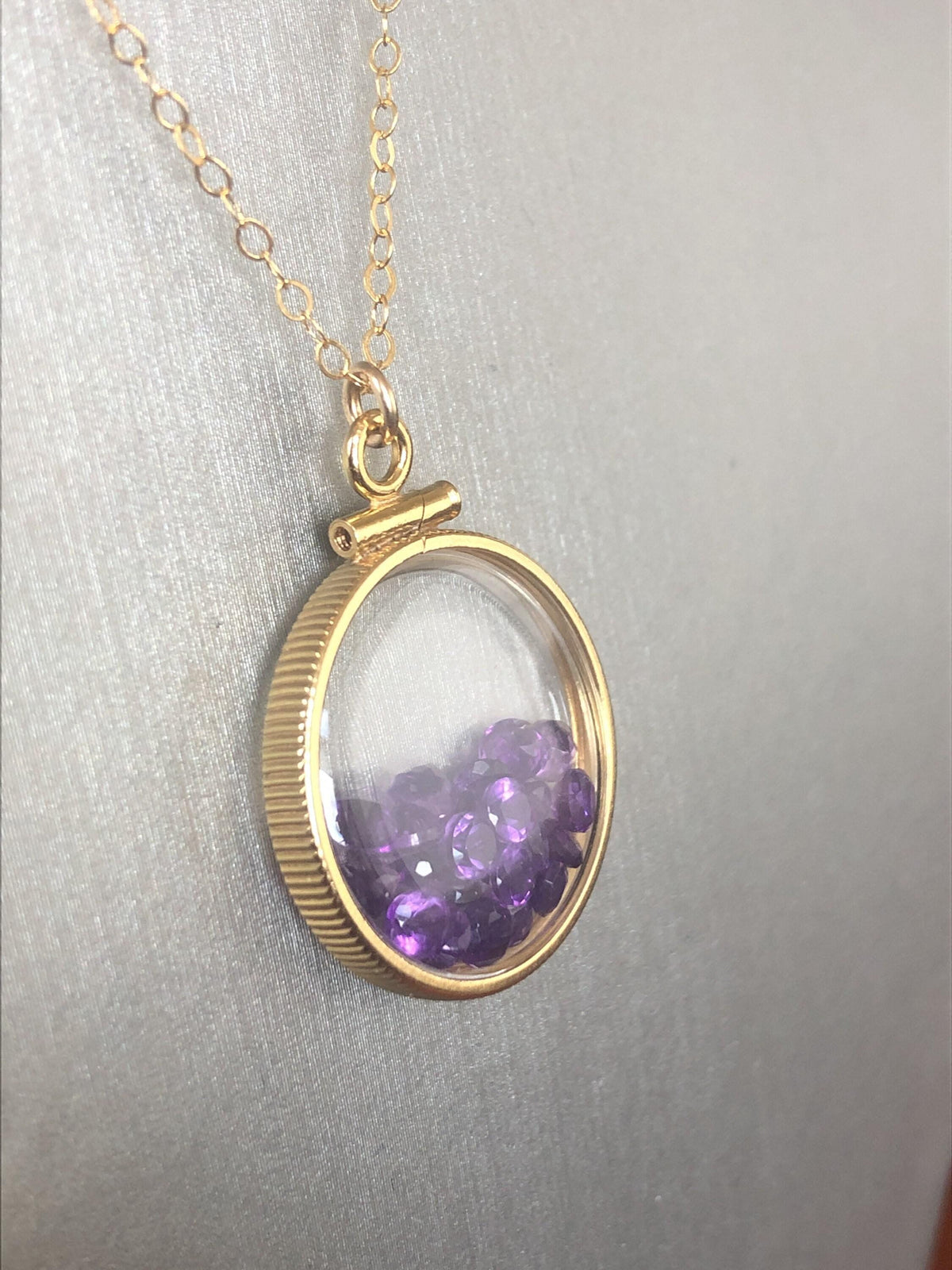 Handmade amethyst shaker locket 20mm gold filled with 24  genuine gems weighing 2.4 tcw, february birthstone, mother’s day you create
