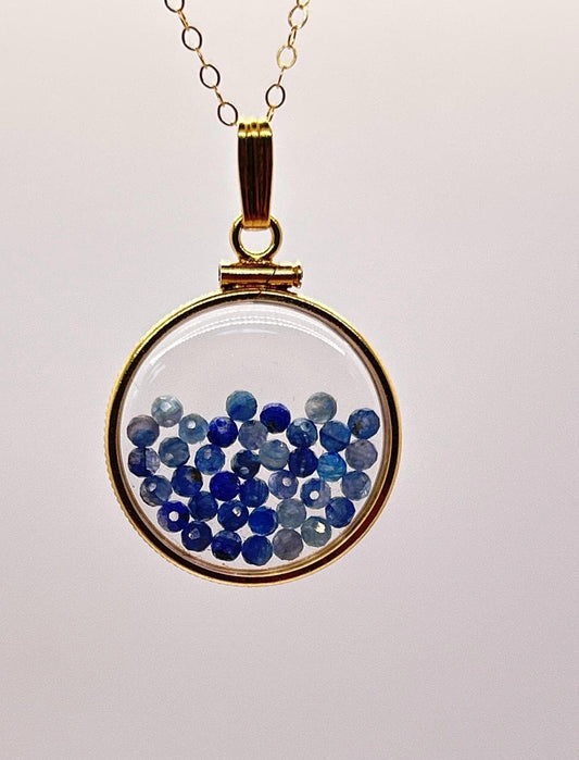 Solid 14k gold lucite 22mm kyanite bead shaker locket with microfaceted 2.5mm beautiful beads. natural gem beads.