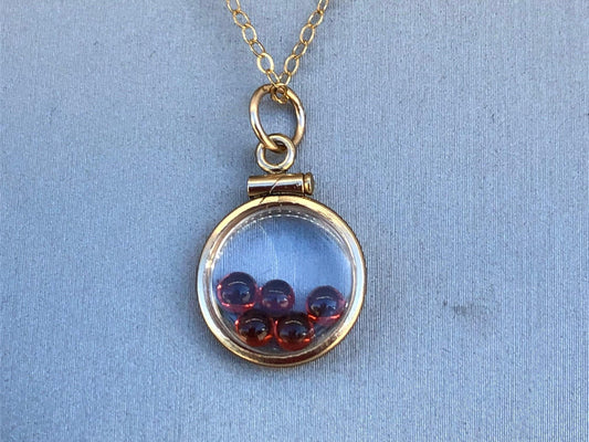 Dainty handmade garnet shaker locket, 14k gold filled w/ 1.1 tcw of genuine gems, january birthstone, with chain