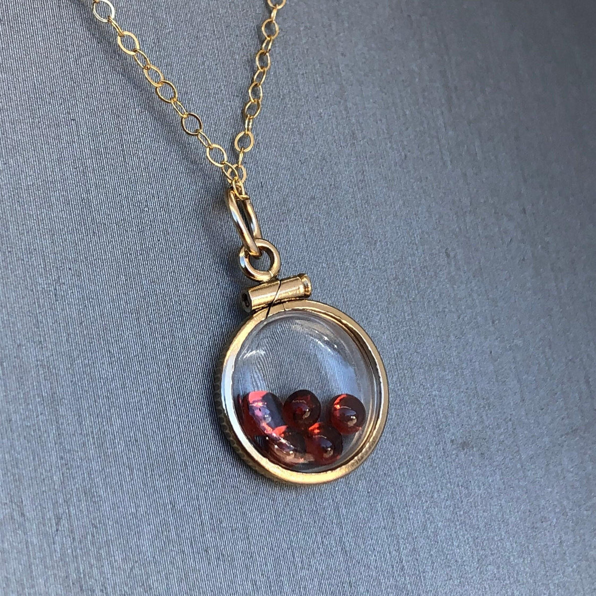 Dainty handmade garnet shaker locket, 14k gold filled w/ 1.1 tcw of genuine gems, january birthstone, with chain