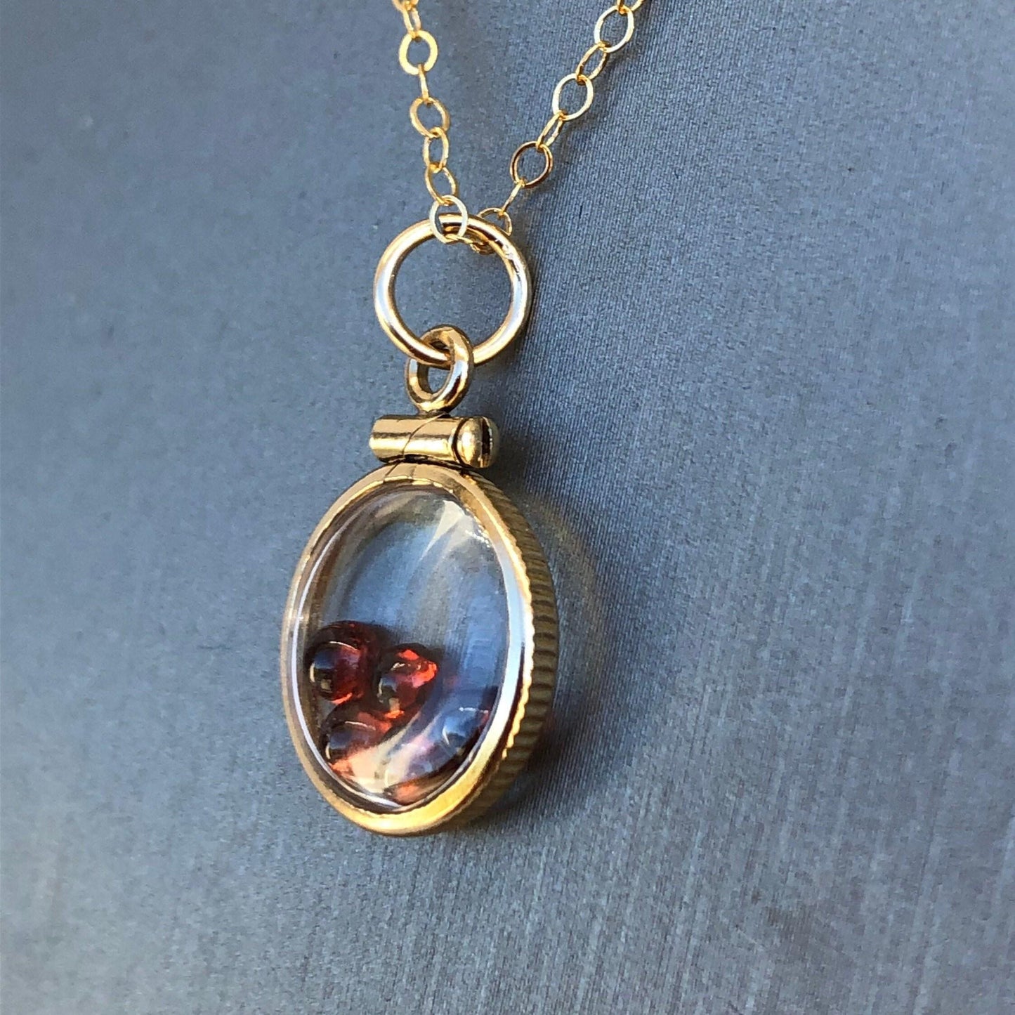 Dainty handmade garnet shaker locket, 14k gold filled w/ 1.1 tcw of genuine gems, january birthstone, with chain