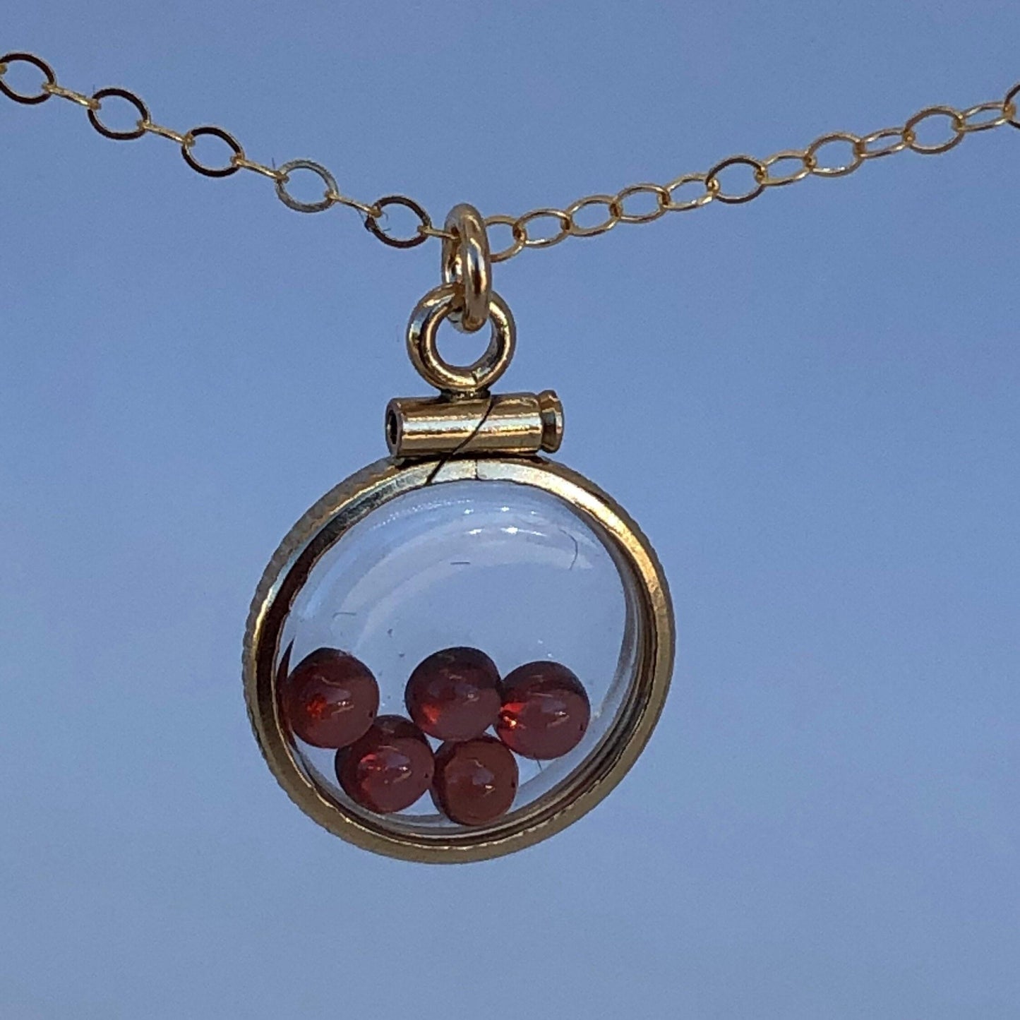 Dainty handmade garnet shaker locket, 14k gold filled w/ 1.1 tcw of genuine gems, january birthstone, with chain