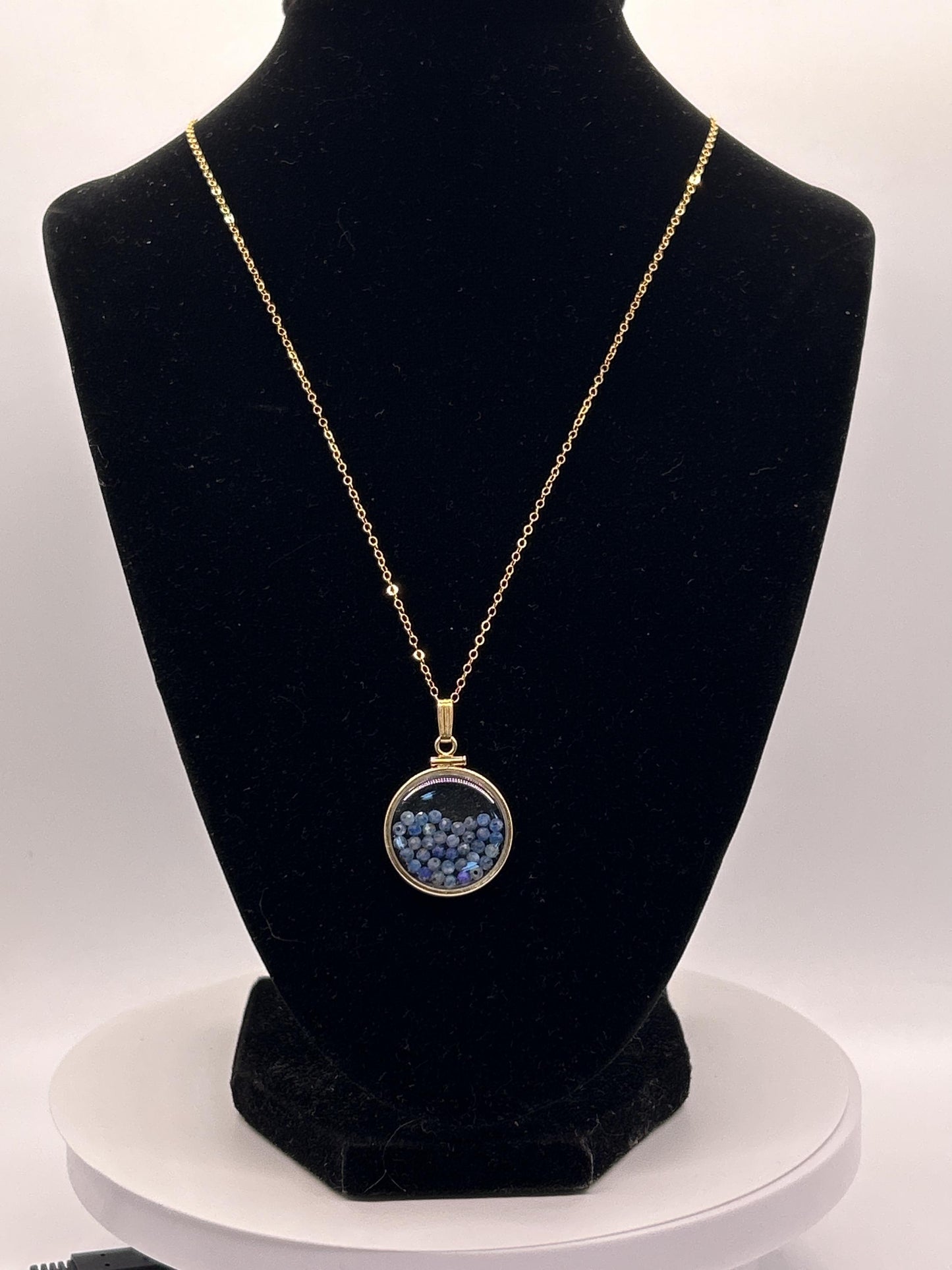Solid 14k gold lucite 22mm kyanite bead shaker locket with microfaceted 2.5mm beautiful beads. natural gem beads.
