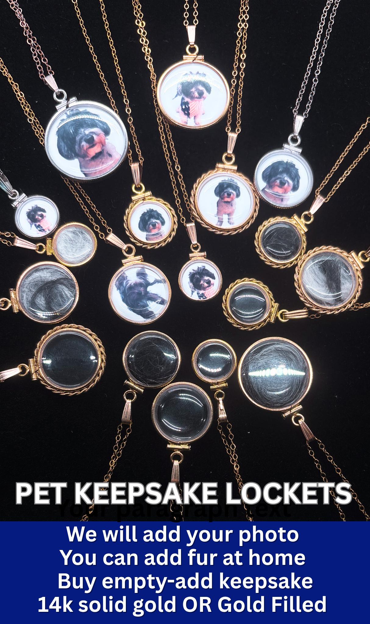14k solid gold customizable pet, dog, cat, photo, fur, or keepsake locket add your pet's photo, fur, keepsake