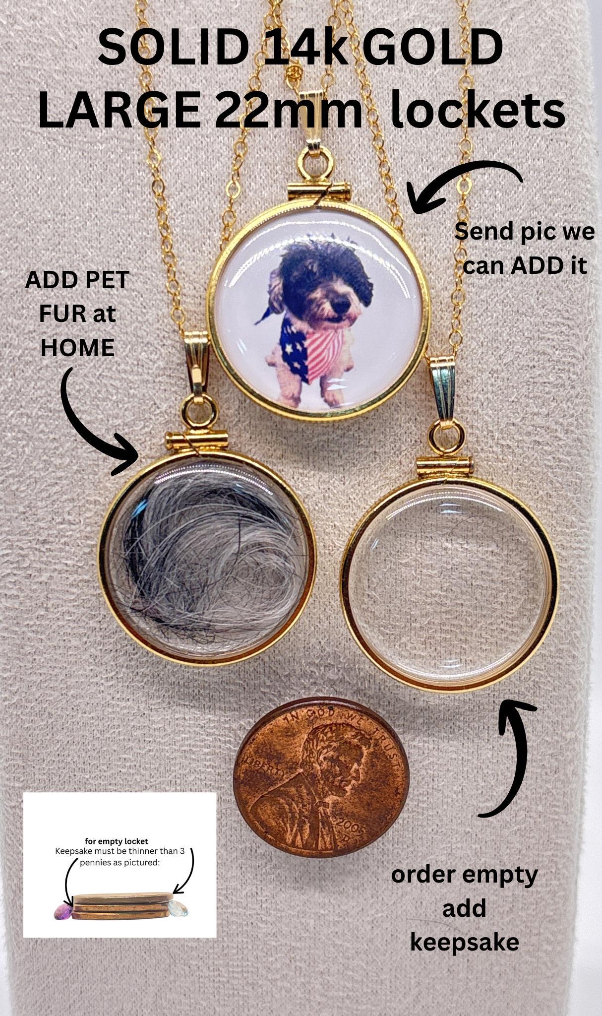 14k solid gold customizable pet, dog, cat, photo, fur, or keepsake locket add your pet's photo, fur, keepsake
