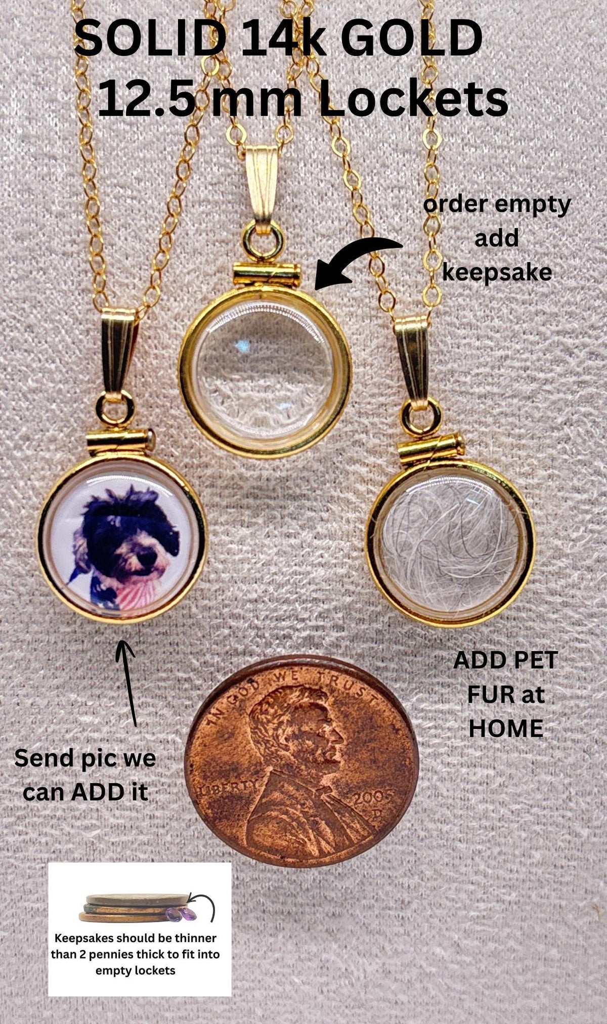14k solid gold customizable pet, dog, cat, photo, fur, or keepsake locket add your pet's photo, fur, keepsake