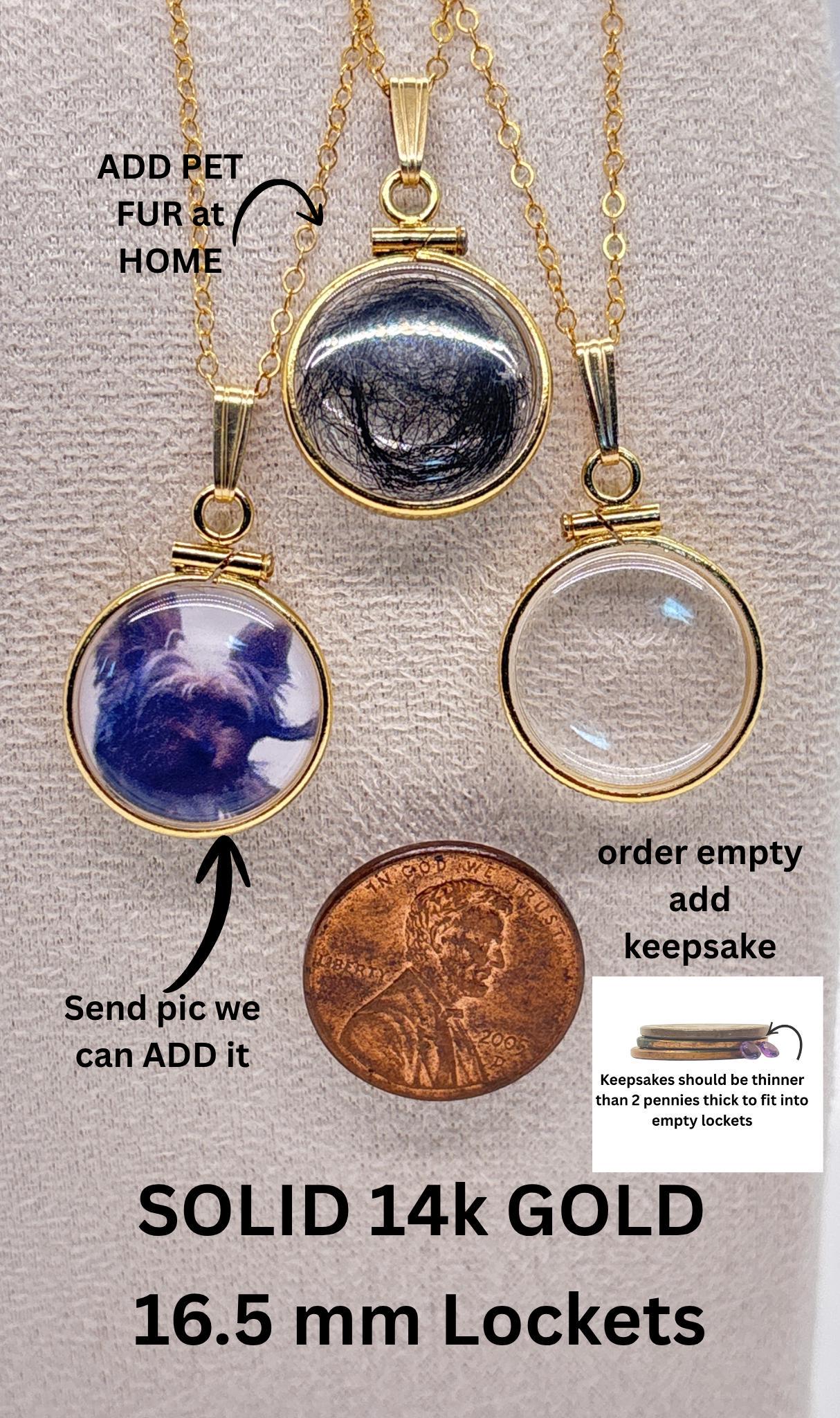 14k solid gold customizable pet, dog, cat, photo, fur, or keepsake locket add your pet's photo, fur, keepsake
