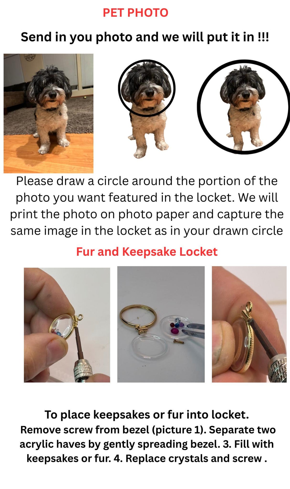 14k solid gold customizable pet, dog, cat, photo, fur, or keepsake locket add your pet's photo, fur, keepsake