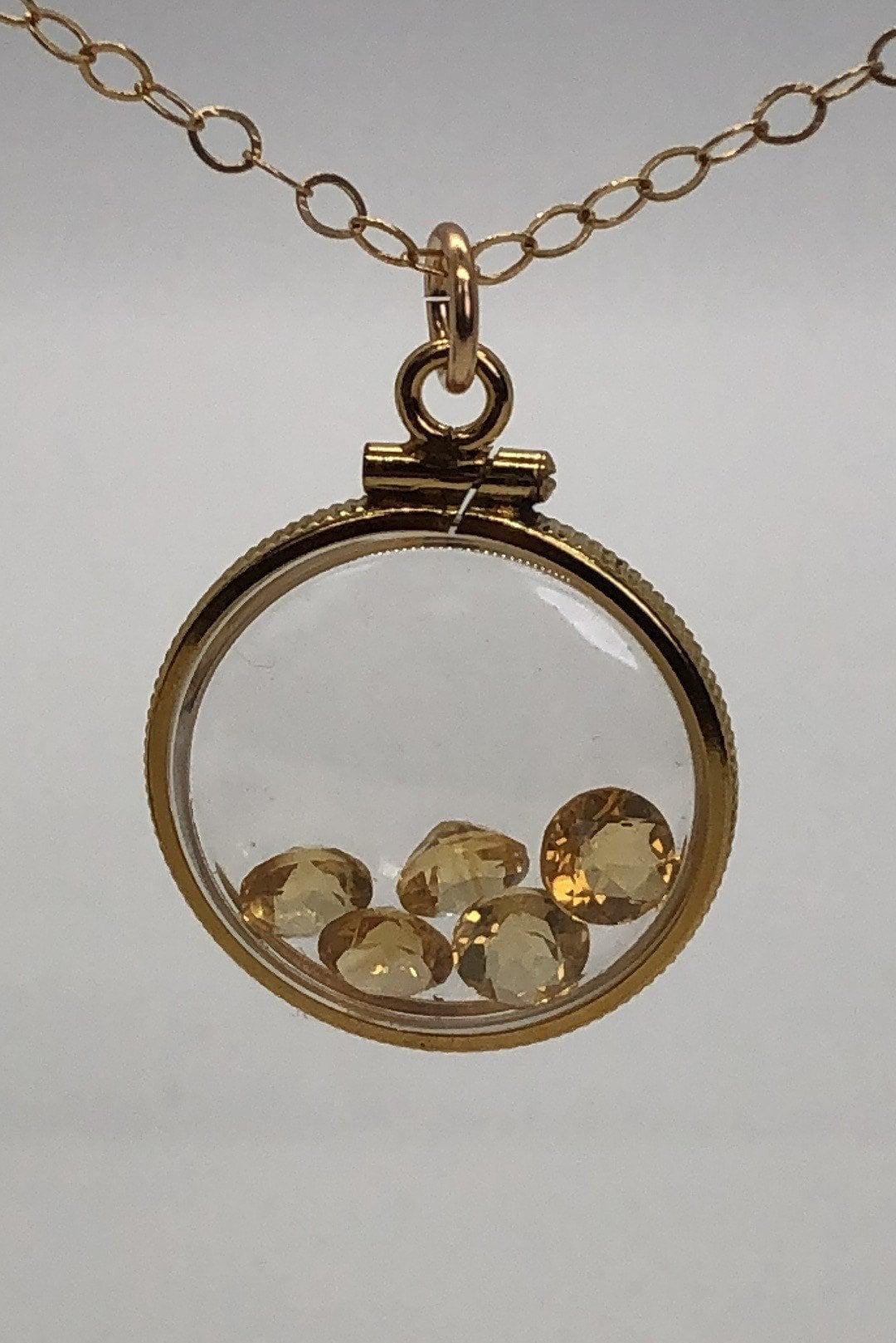 Vintage golden citrine shaker locket filled with natural brazilian gemstones, nov. birthstone new old stock, make 1 for your mom