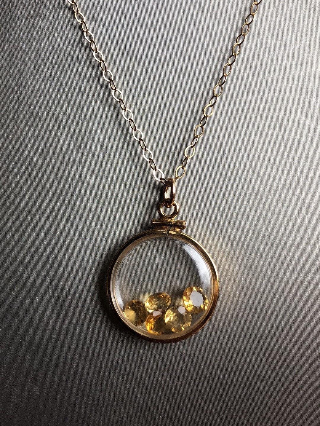 Vintage golden citrine shaker locket filled with natural brazilian gemstones, nov. birthstone new old stock, make 1 for your mom