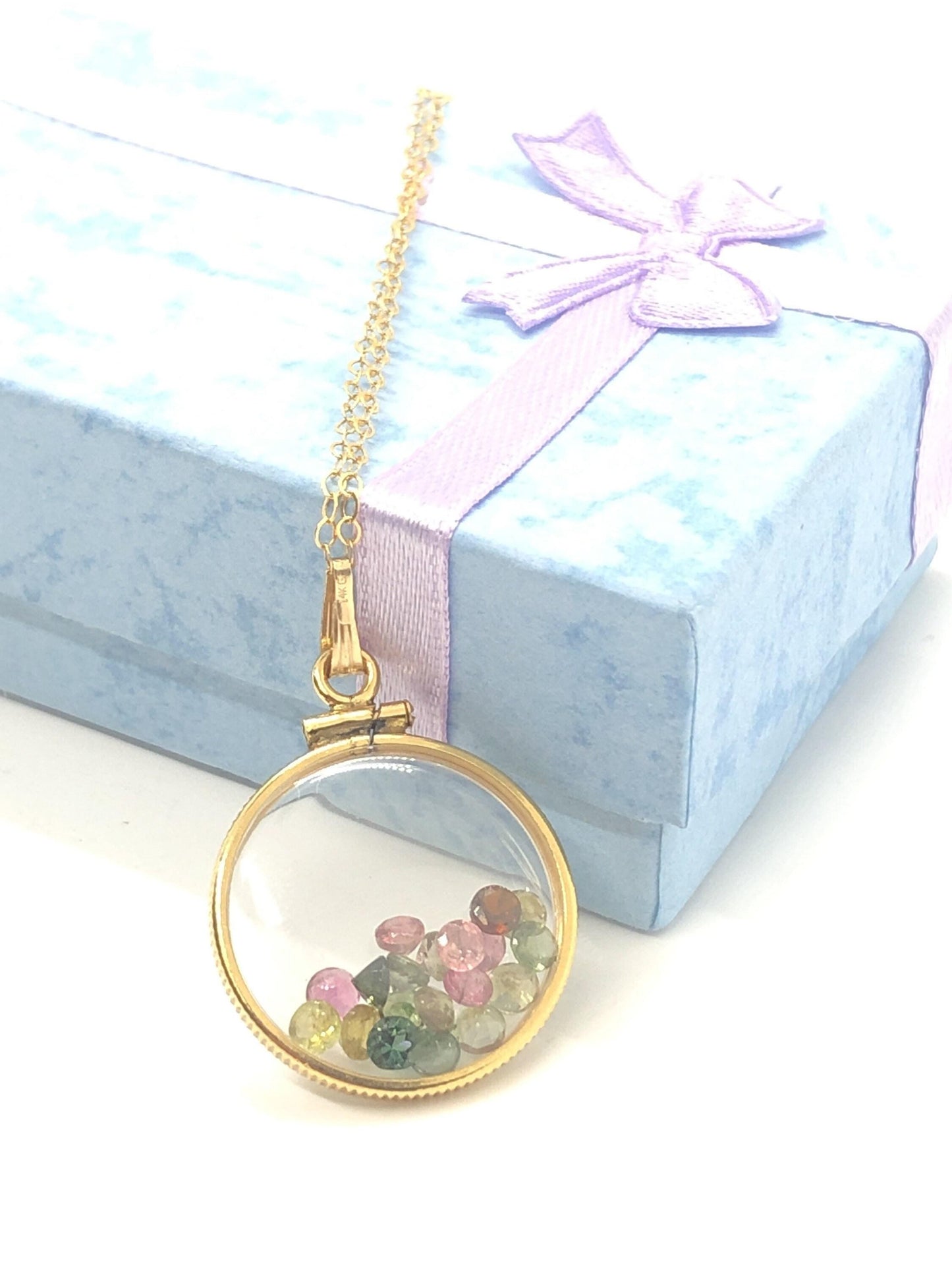 Vintage tourmaline shaker locket 12k gold filled, 50 year old new old stock,  20mm (2.1 tcw) or 15 mm ( 1.1 tcw)  october birthstone