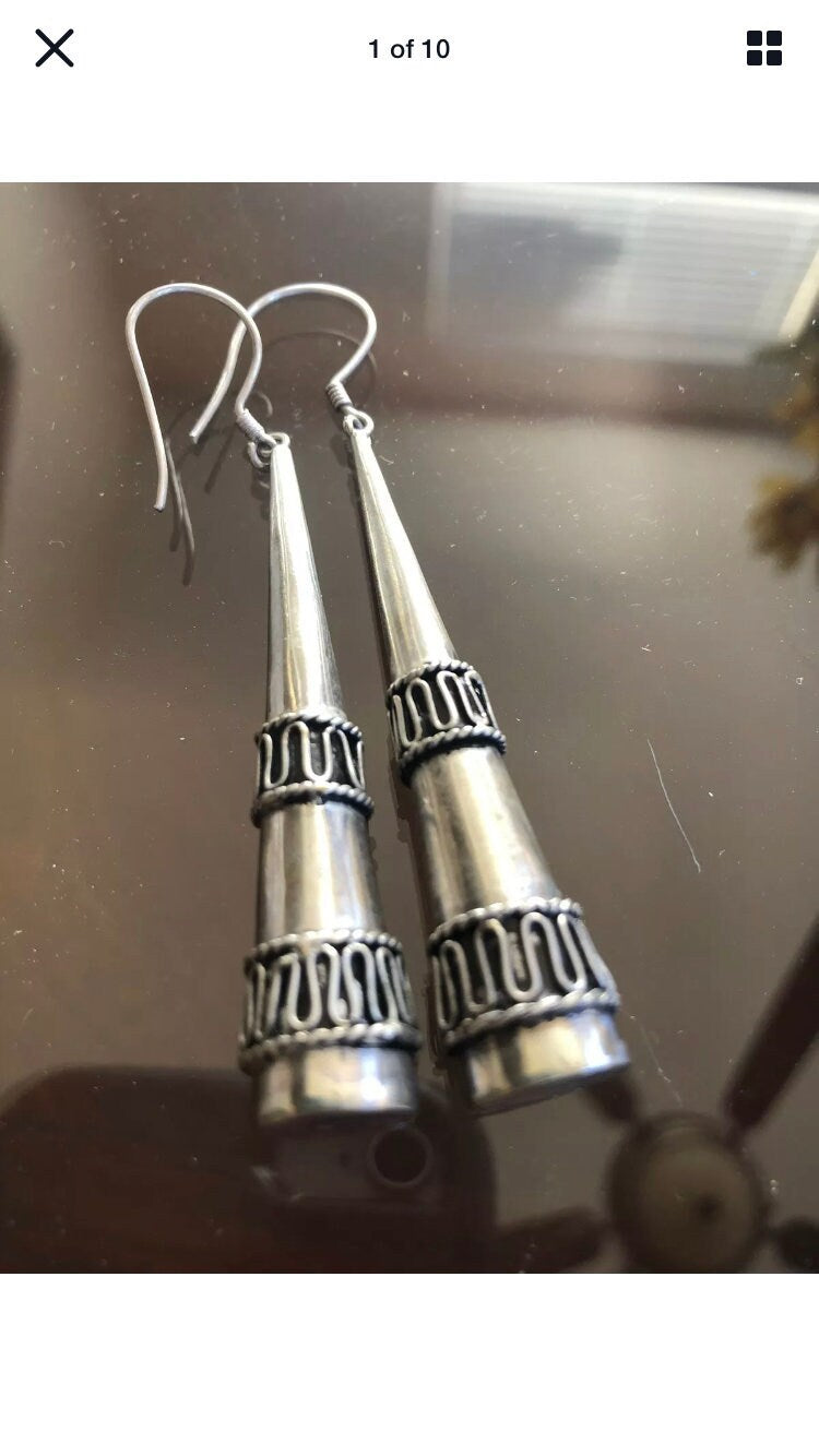 Large Handmade Sterling Dangle Earrings Indonesia, Vintage old stock, Beautiful