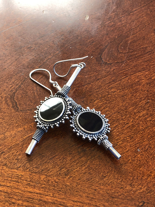 Large Handmade Sterling and Onyx  Dangle Earrings Indonesia, Vintage old stock, Beautiful