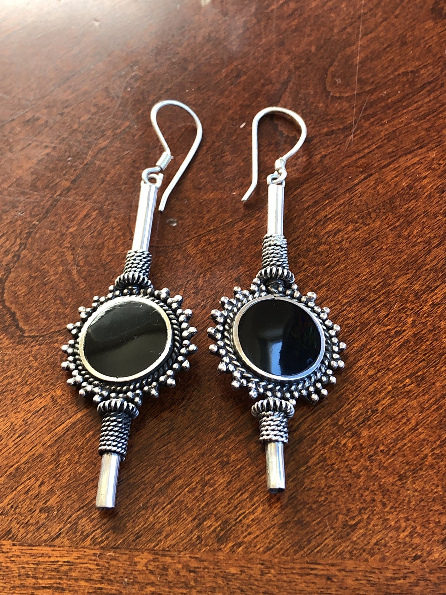 Large Handmade Sterling and Onyx  Dangle Earrings Indonesia, Vintage old stock, Beautiful