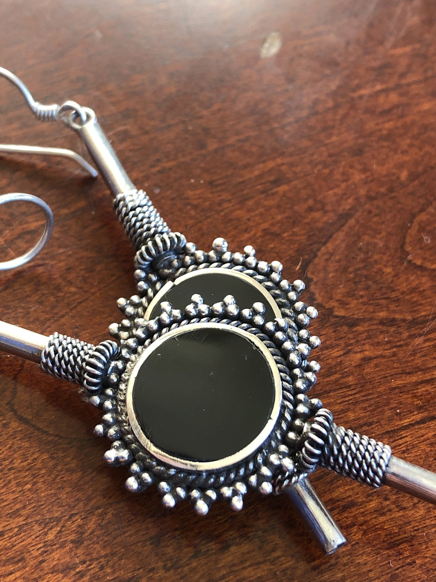 Large Handmade Sterling and Onyx  Dangle Earrings Indonesia, Vintage old stock, Beautiful