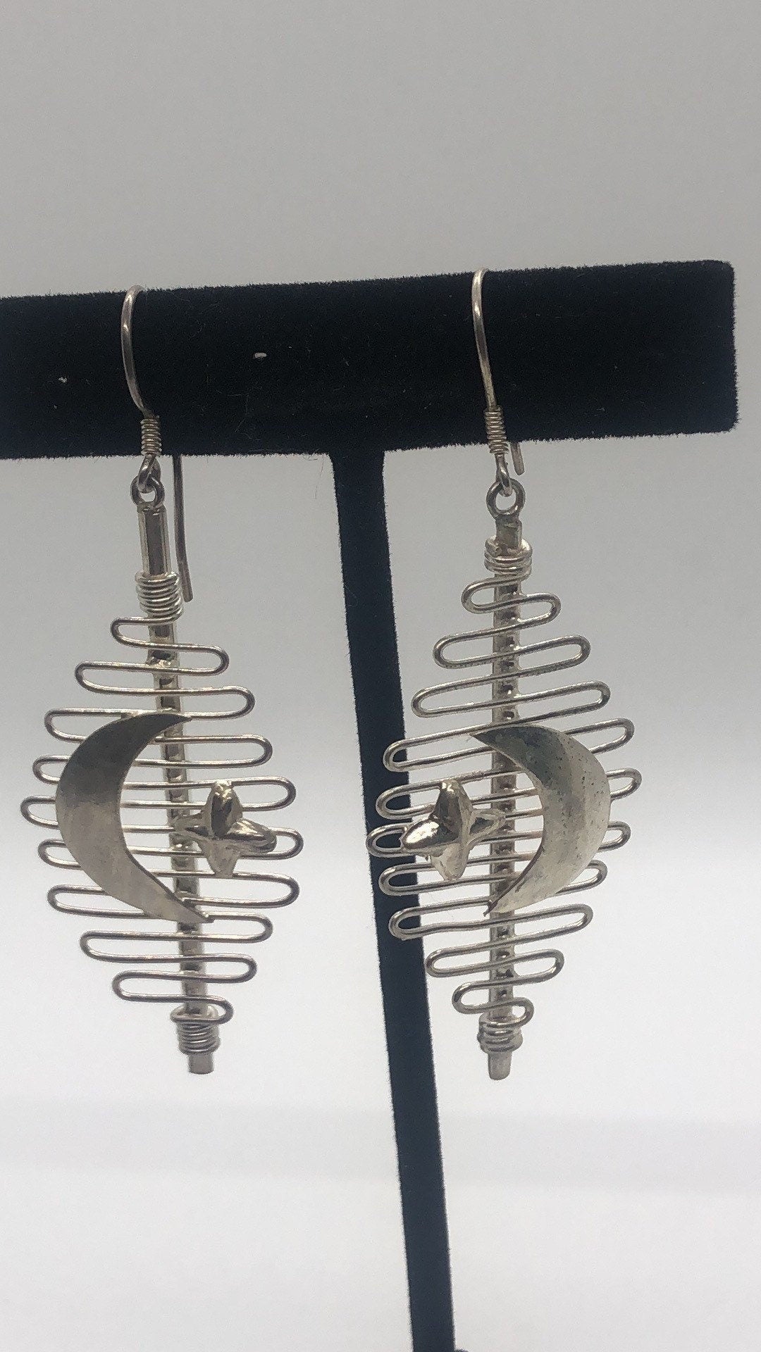 Large Vintage Handmade Sterling Silver Earrings Indonesia, Vintage old stock, Moon and Stars