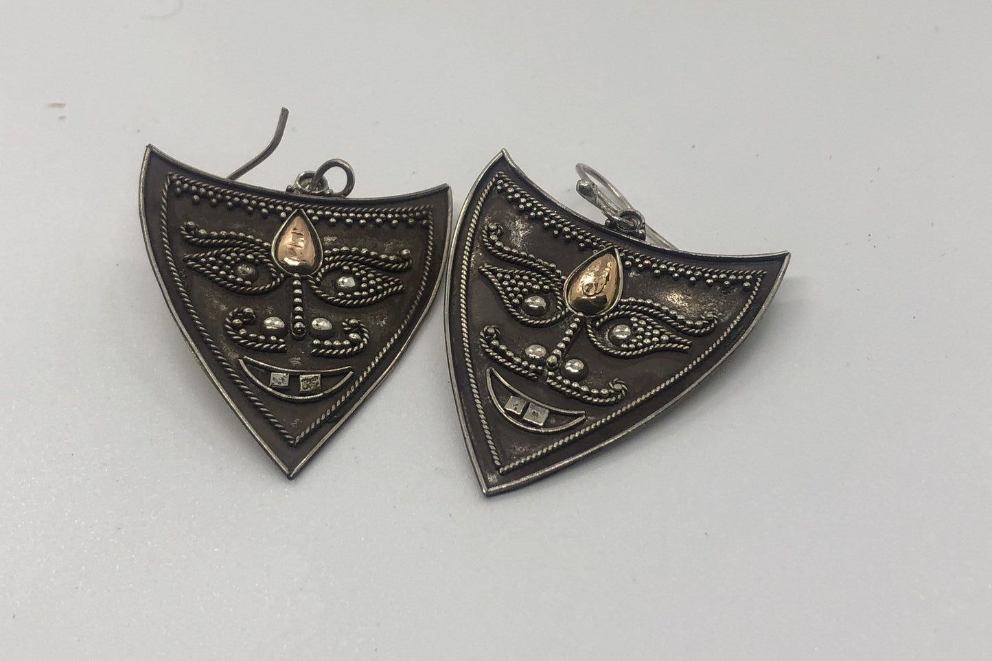 Vintage Hand made Indonesian Sterling Silver with Gold Wash Earrings, new old stock, shields and face