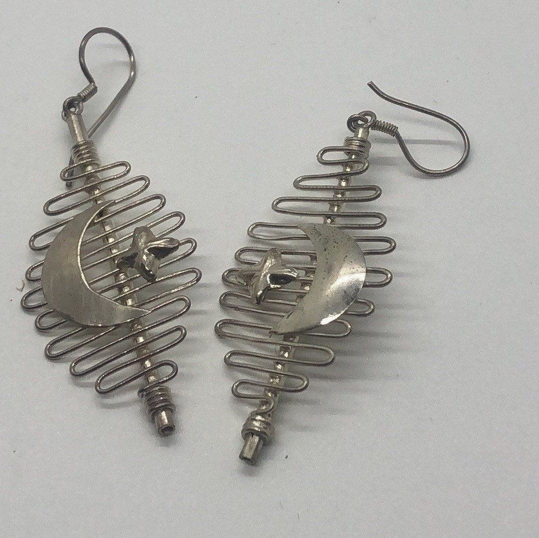 Large Vintage Handmade Sterling Silver Earrings Indonesia, Vintage old stock, Moon and Stars