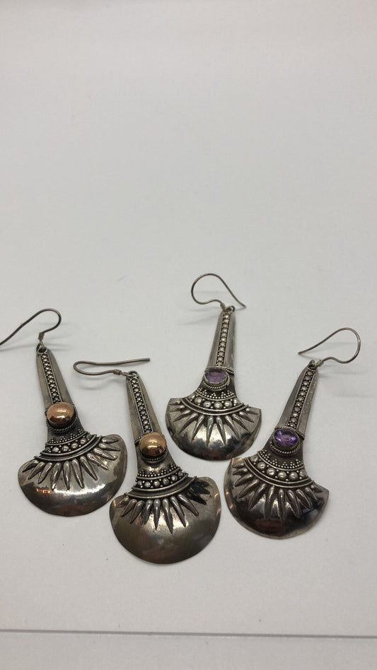 Vintage Hand made Indonesian Sterling Silver with amethyst or Gold Wash Earrings, Large, new old stock, shields