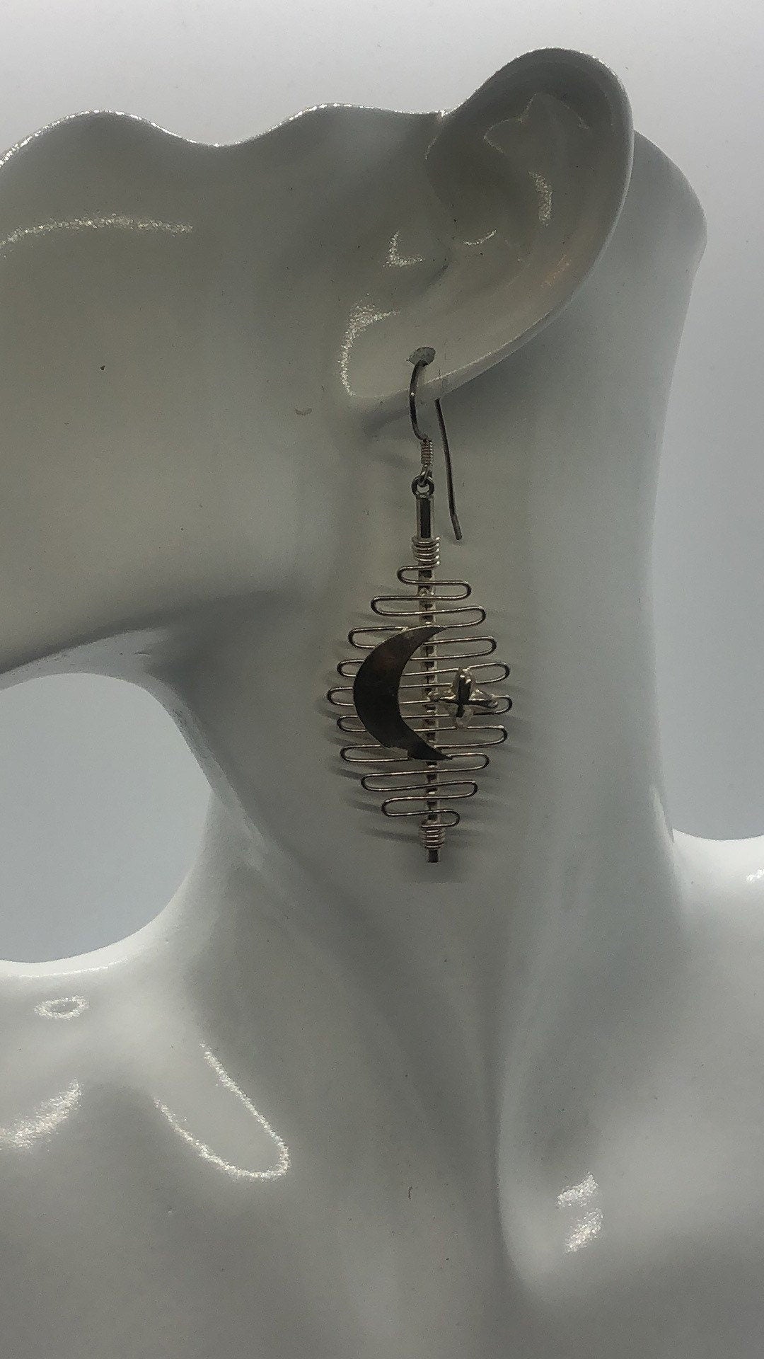 Large Vintage Handmade Sterling Silver Earrings Indonesia, Vintage old stock, Moon and Stars