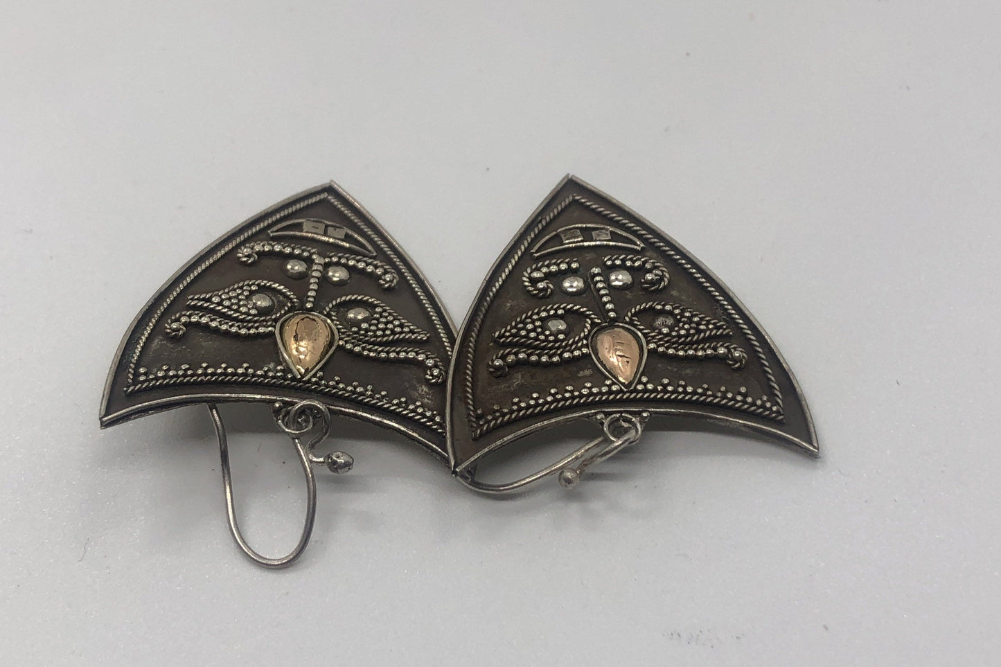 Vintage Hand made Indonesian Sterling Silver with Gold Wash Earrings, new old stock, shields and face