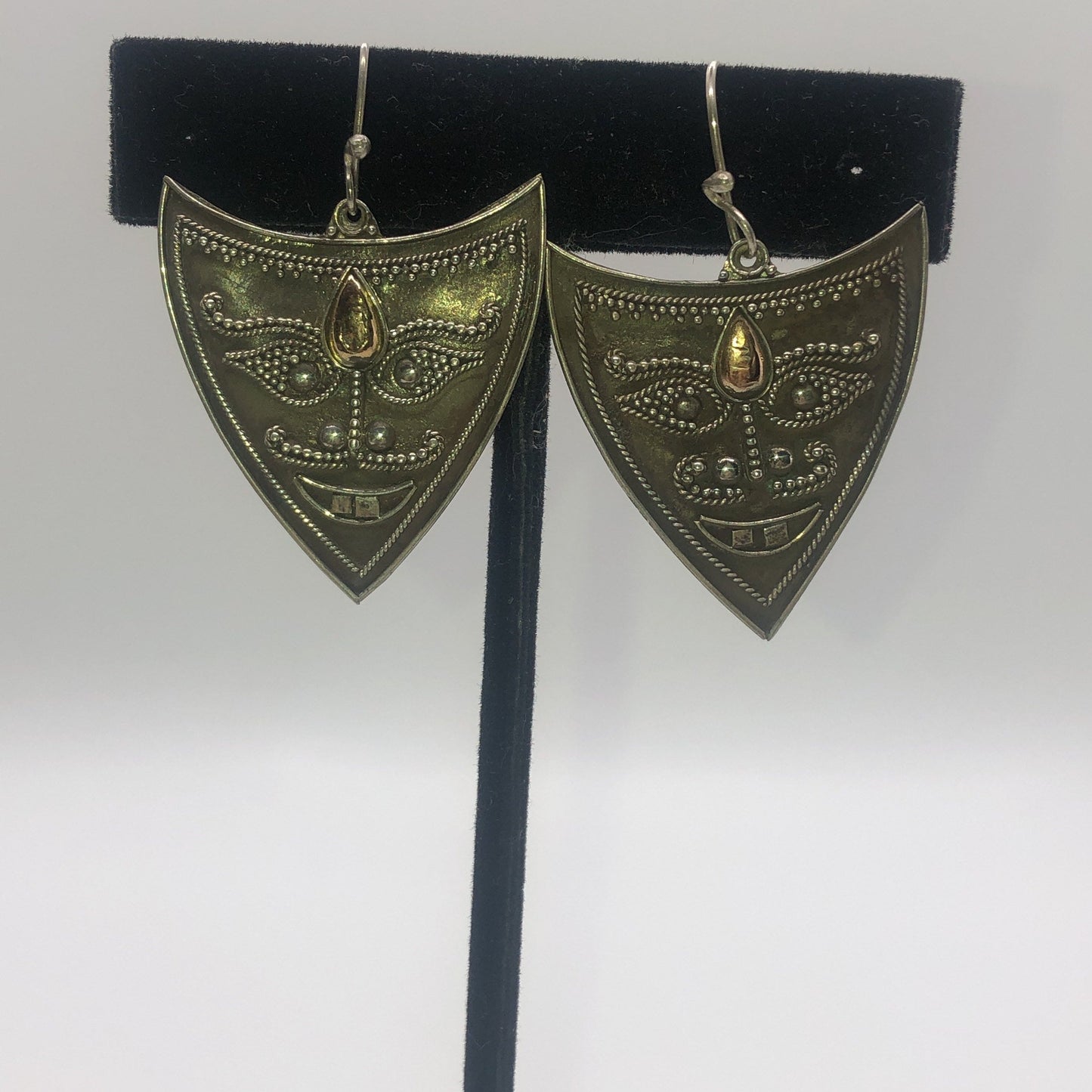 Vintage Hand made Indonesian Sterling Silver with Gold Wash Earrings, new old stock, shields and face