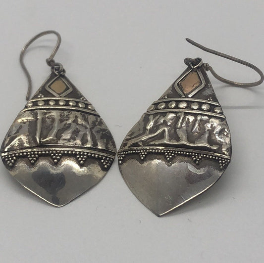 Vintage Hand made Indonesian Sterling Silver with Gold Wash Earrings, new old stock, shields