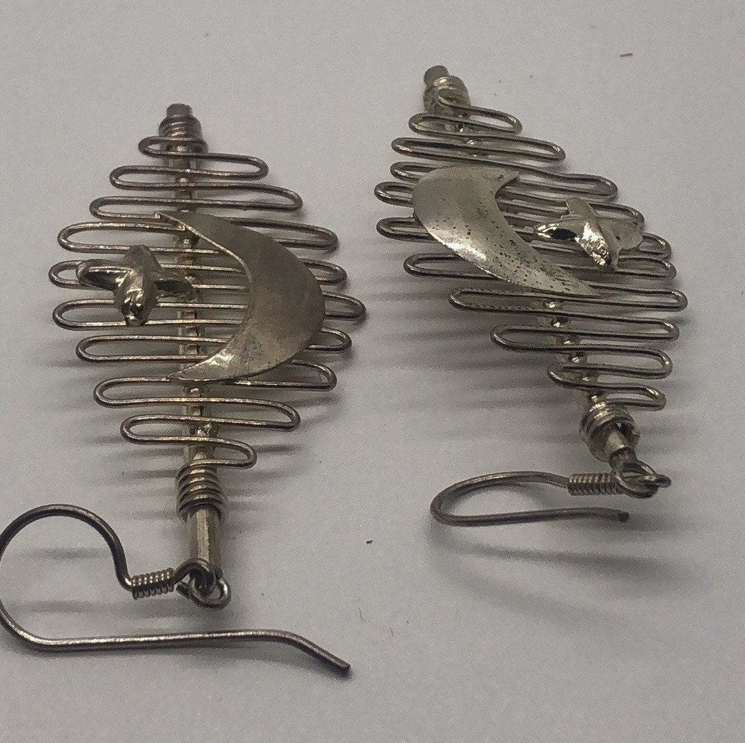 Large Vintage Handmade Sterling Silver Earrings Indonesia, Vintage old stock, Moon and Stars
