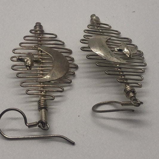 Large Vintage Handmade Sterling Silver Earrings Indonesia, Vintage old stock, Moon and Stars