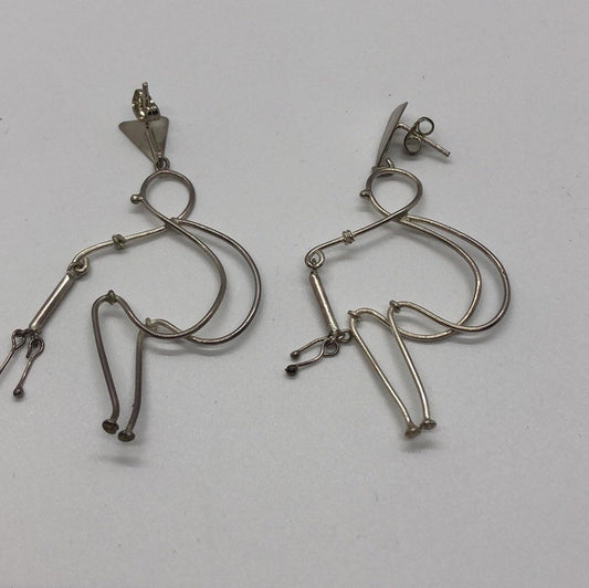 Large Vintage Handmade Sterling Silver Earrings Indonesia, Vintage old stock, human walking with cane