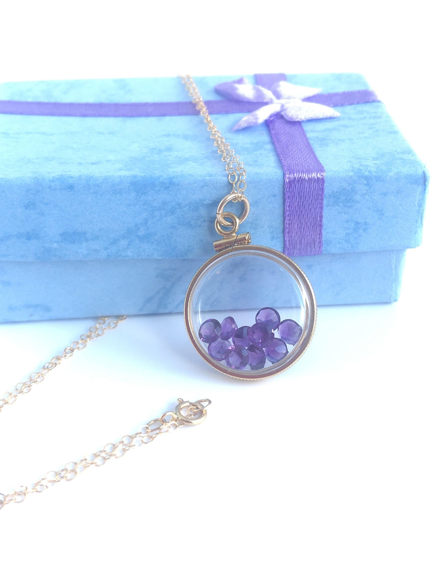 Handmade Amethyst shaker locket 20mm, gold filled locket,  2.9  TCW, February birthstone Make one for your mom for Mother's Day, Ask me