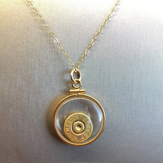 Winchester 45 cal. bullet necklace,  back to back view locket, 14k gold filled locket, February birthstone