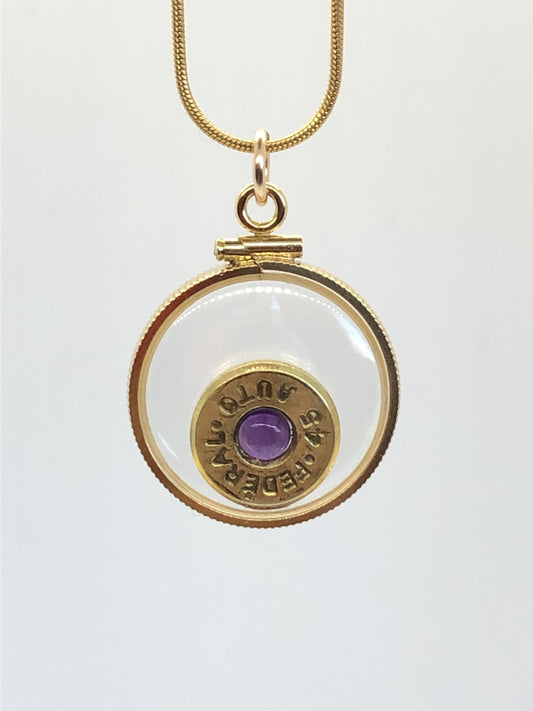 Winchester 45 cal. bullet necklace,  back to back view locket, 14k gold filled locket-new with genuine floating Amethyst.