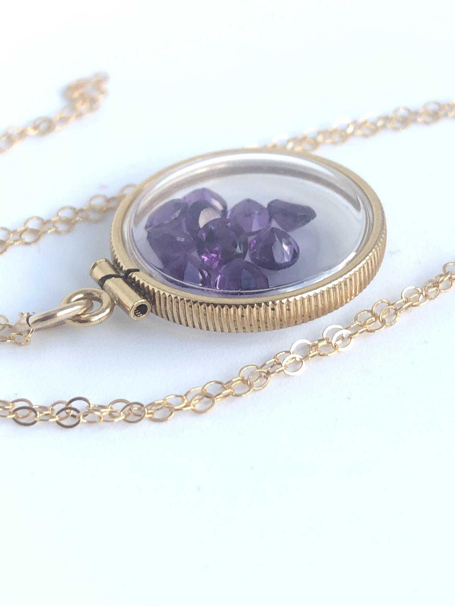 Handmade Amethyst shaker locket 20mm, gold filled locket,  2.9  TCW, February birthstone Make one for your mom for Mother's Day, Ask me