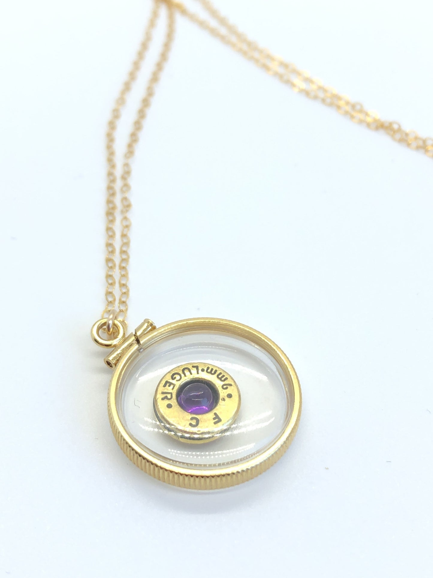 Handmade 14k gold filled 9 mm bullet view  locket, finished with a 0.4 CT, 4mm genuine Amethyst gemstone, February birthday
