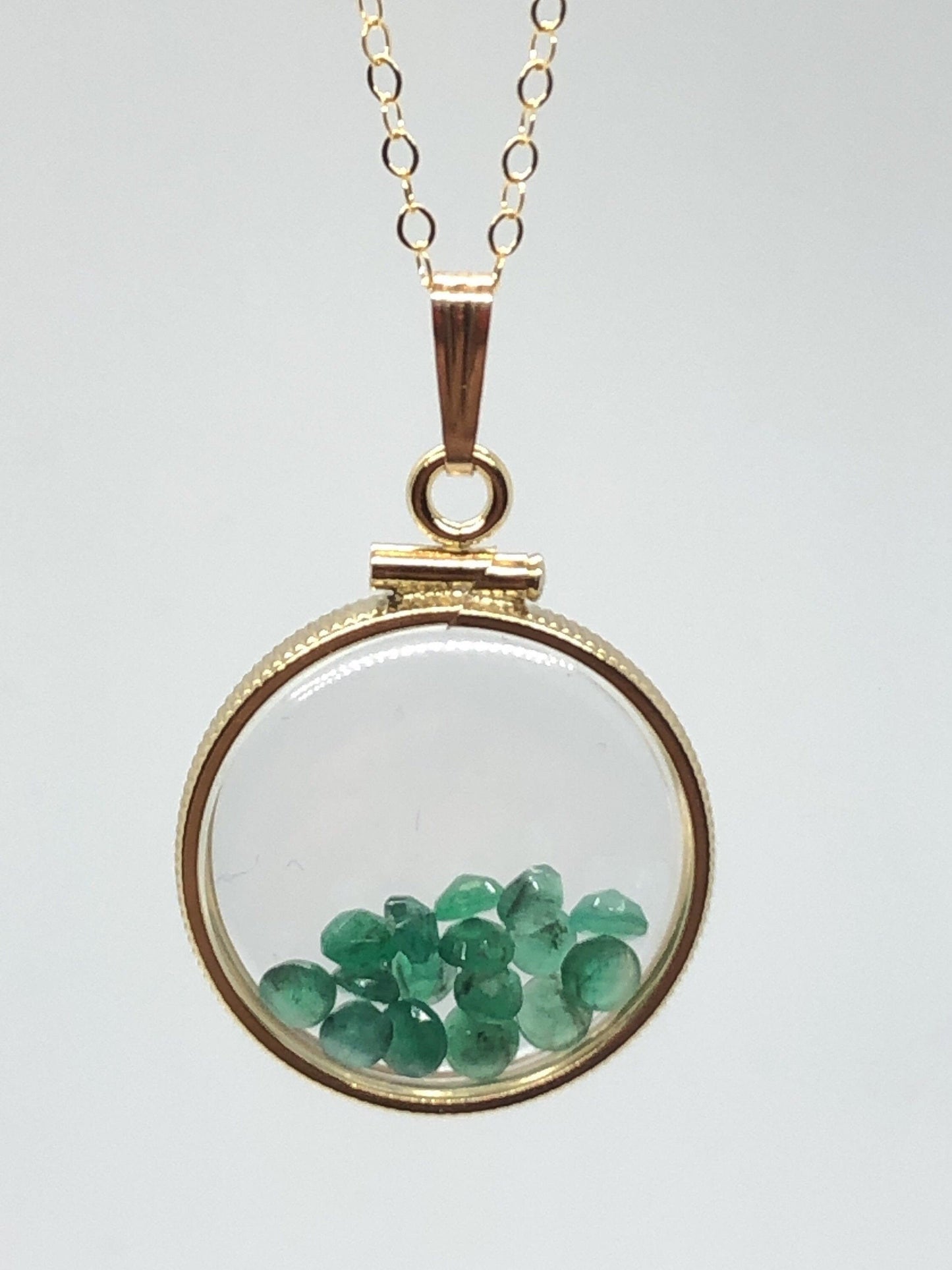Handmade Emerald Shaker Locket 14k gold filled with beautiful May Birthstone, you can custom create a locket for Mother’s day