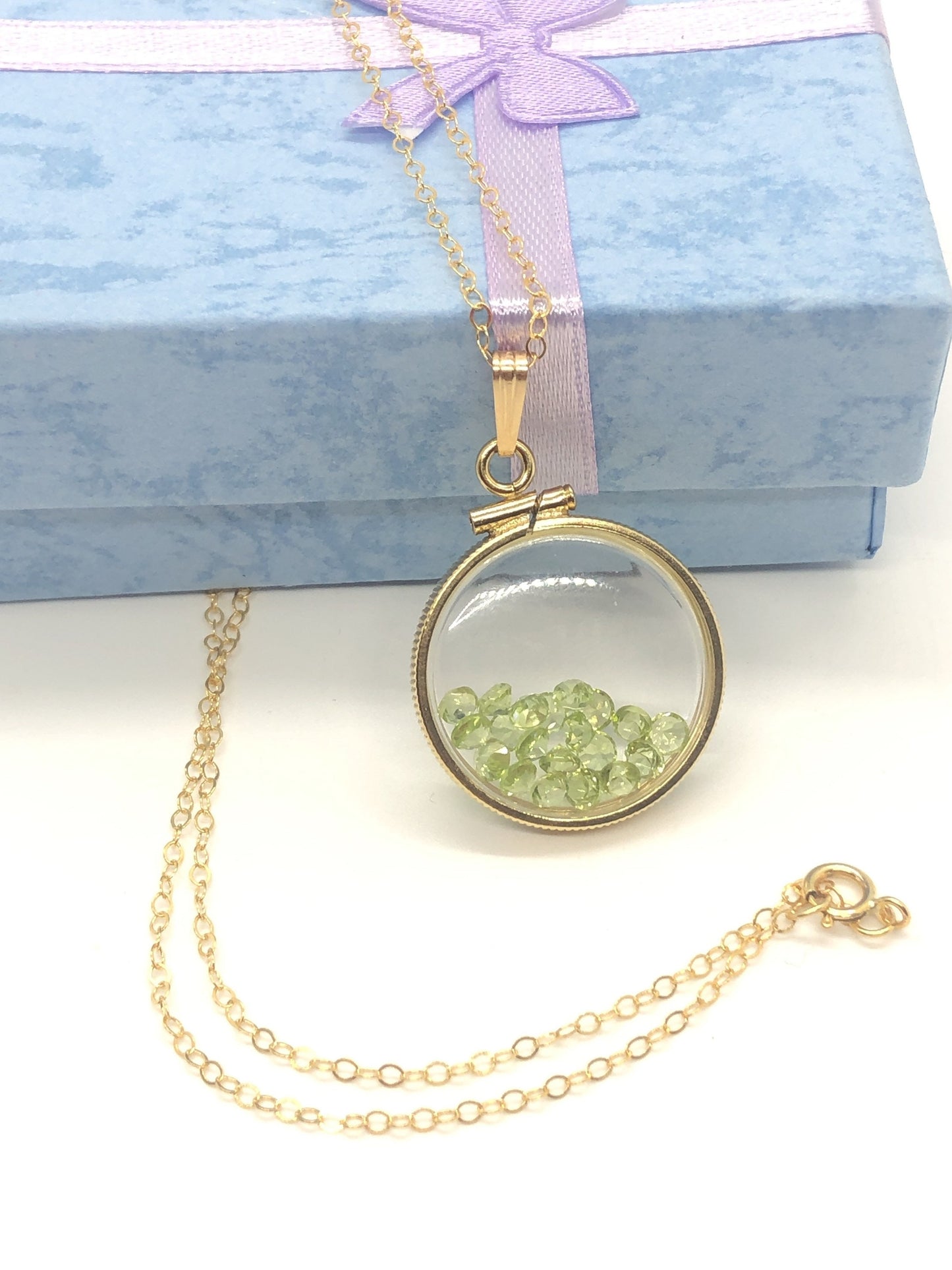 Handmade Peridot Shaker Locket 14k gold filled or Silver with beautiful August Birthstone, 2.0 TCW